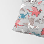 Origami dragon friends // linen texture background blue red grey and taupe fantastic creatures Pillow Sham Gallery Image 4