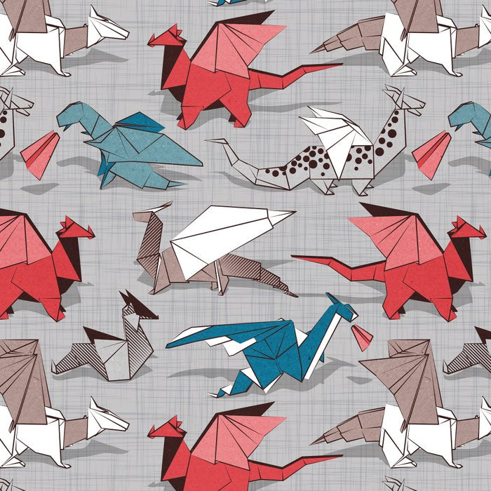 Origami dragon friends // linen texture background blue red grey and taupe fantastic creatures Coffee Mug Gallery Image 2