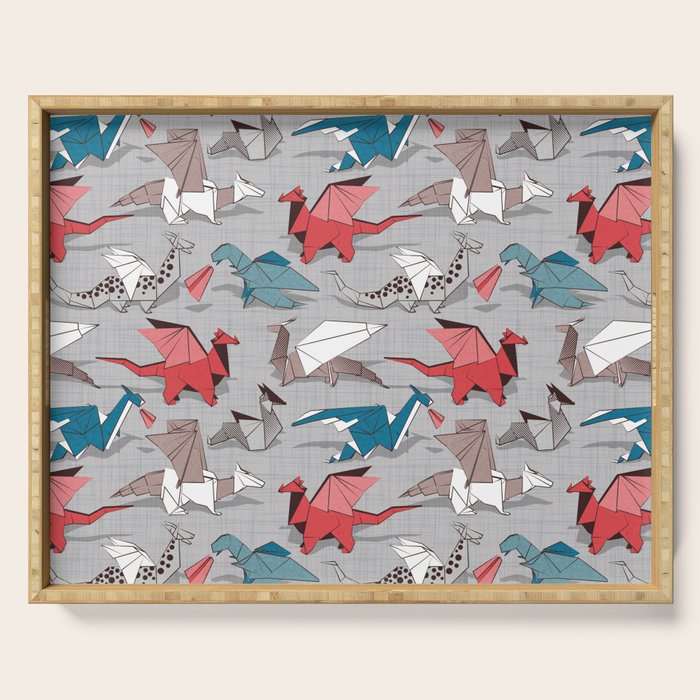 Origami dragon friends // linen texture background blue red grey and taupe fantastic creatures Serving Tray Gallery Image 1