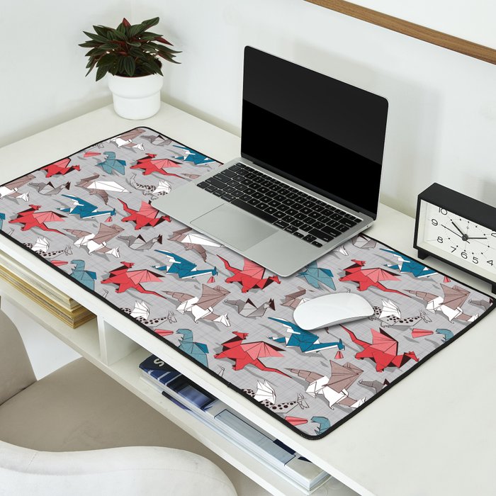 Origami dragon friends // linen texture background blue red grey and taupe fantastic creatures Desk Mat Gallery Image 2