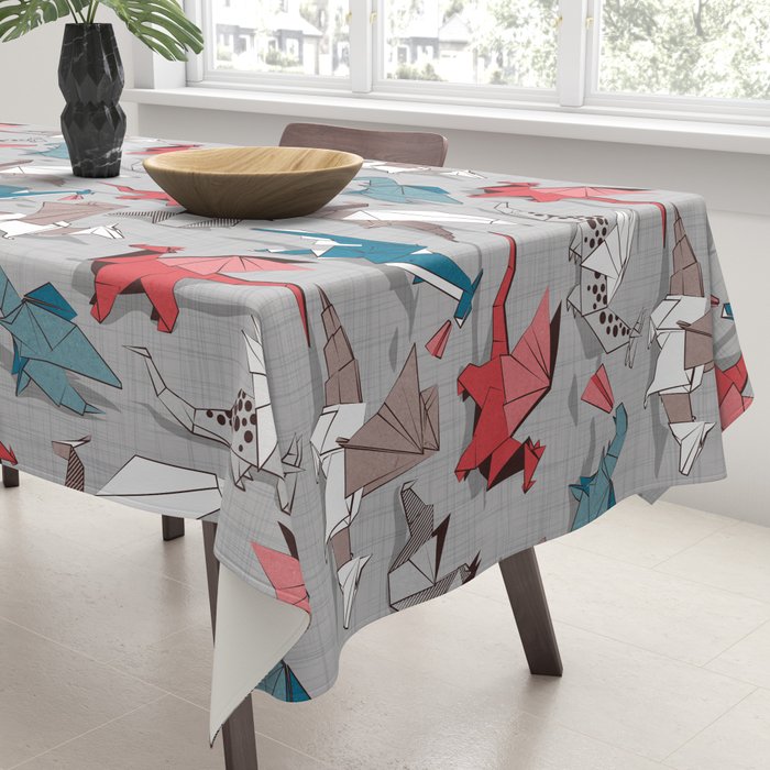 Origami dragon friends // linen texture background blue red grey and taupe fantastic creatures Tablecloth Gallery Image 3