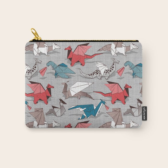 Origami dragon friends // linen texture background blue red grey and taupe fantastic creatures Carry All Pouch Gallery Image 1