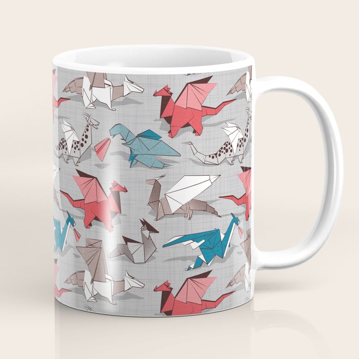 Origami dragon friends // linen texture background blue red grey and taupe fantastic creatures Coffee Mug Gallery Image 1