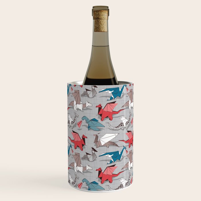 Origami dragon friends // linen texture background blue red grey and taupe fantastic creatures Wine Chiller Gallery Image 3