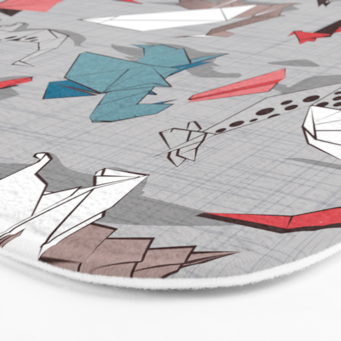 Origami dragon friends // linen texture background blue red grey and taupe fantastic creatures Bath Mat Gallery Image 3