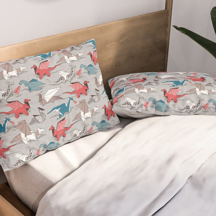 Origami dragon friends // linen texture background blue red grey and taupe fantastic creatures Pillow Sham Gallery Image 2