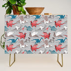 Origami dragon friends // linen texture background blue red grey and taupe fantastic creatures Credenza Gallery Image 1