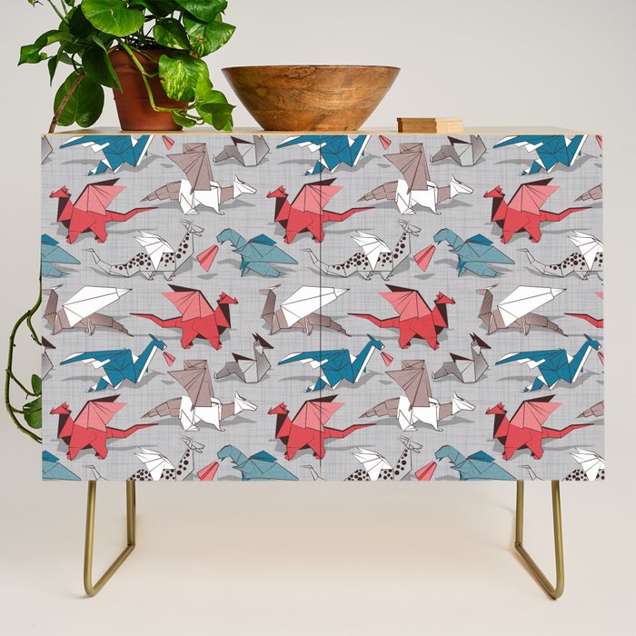 Origami dragon friends // linen texture background blue red grey and taupe fantastic creatures Credenza Gallery Image 1