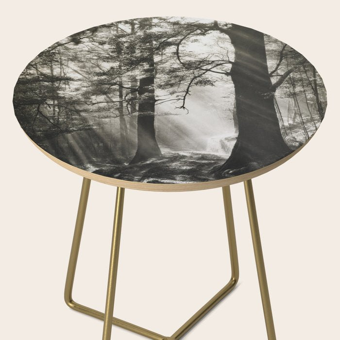 Pathway of light, sunlight and sunbeams in forest black and white photograph by J W Chapman Taylor Side Table Gallery Image 2