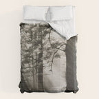 Pathway of light, sunlight and sunbeams in forest black and white photograph by J W Chapman Taylor Comforter Gallery Image 6