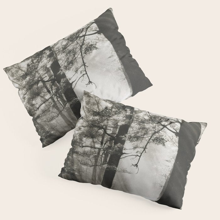 Pathway of light, sunlight and sunbeams in forest black and white photograph by J W Chapman Taylor Pillow Sham Gallery Image 1