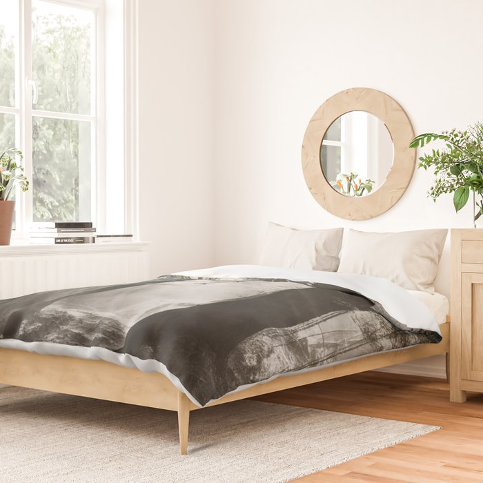 Pathway of light, sunlight and sunbeams in forest black and white photograph by J W Chapman Taylor Duvet Cover Gallery Image 2