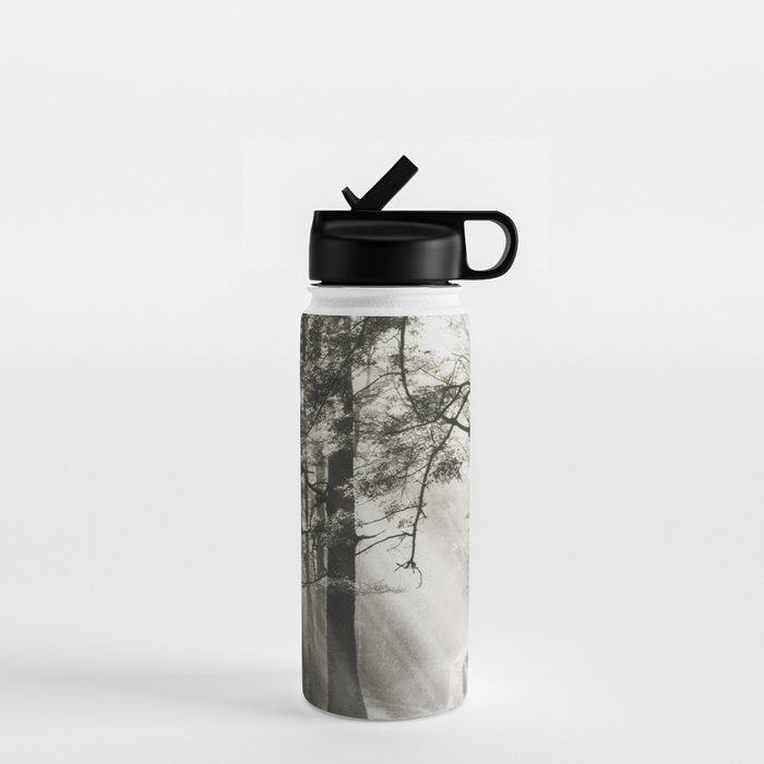 Pathway of light, sunlight and sunbeams in forest black and white photograph by J W Chapman Taylor Water Bottle Gallery Image 1
