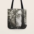 Pathway of light, sunlight and sunbeams in forest black and white photograph by J W Chapman Taylor Tote Bag Gallery Image 1