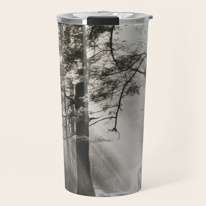 Pathway of light, sunlight and sunbeams in forest black and white photograph by J W Chapman Taylor Travel Mug Gallery Image 1