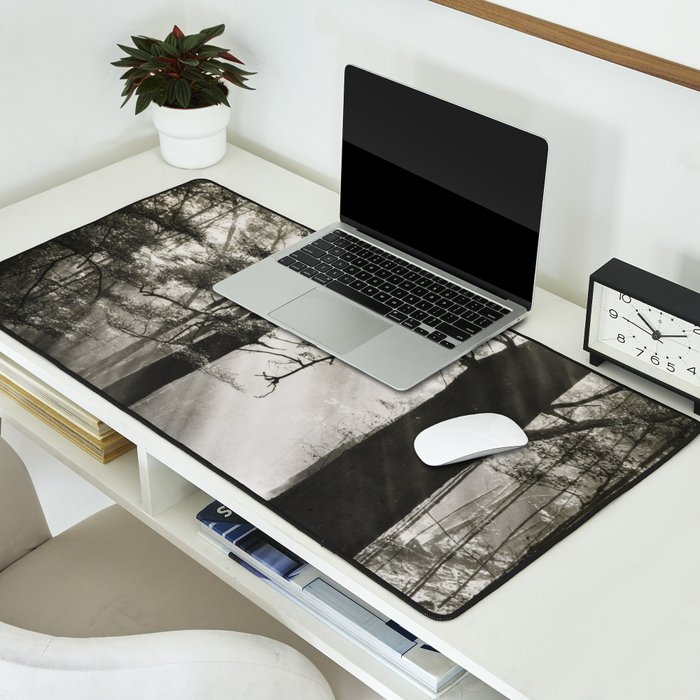 Pathway of light, sunlight and sunbeams in forest black and white photograph by J W Chapman Taylor Desk Mat Gallery Image 2
