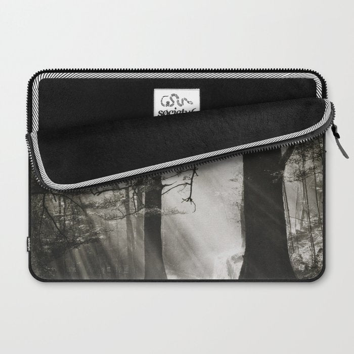Pathway of light, sunlight and sunbeams in forest black and white photograph by J W Chapman Taylor Laptop Sleeve Gallery Image 2