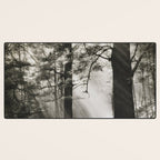 Pathway of light, sunlight and sunbeams in forest black and white photograph by J W Chapman Taylor Desk Mat Gallery Image 3