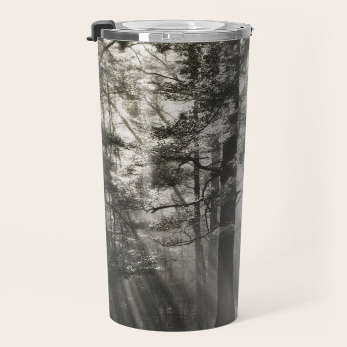 Pathway of light, sunlight and sunbeams in forest black and white photograph by J W Chapman Taylor Travel Mug Gallery Image 3