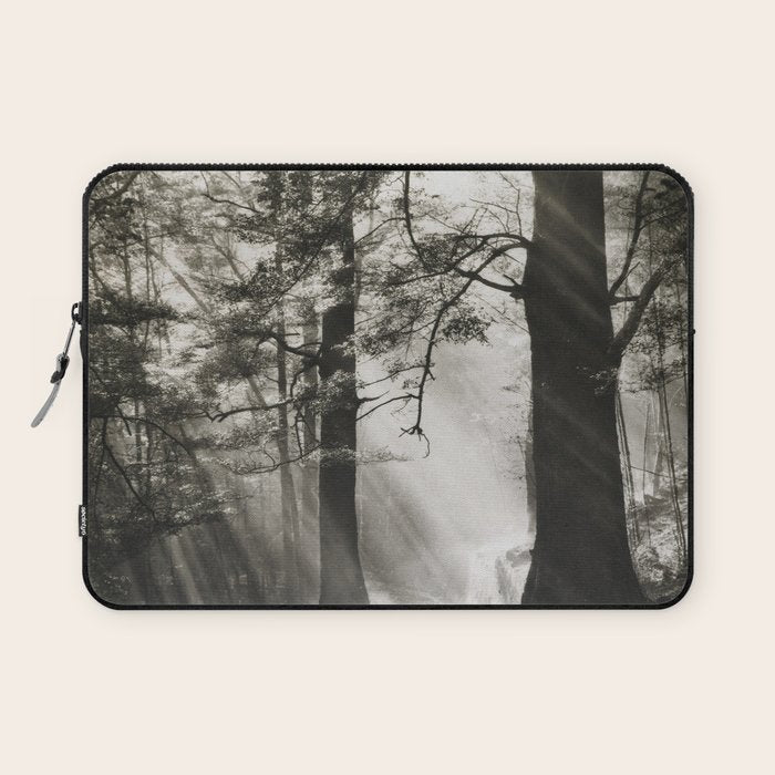 Pathway of light, sunlight and sunbeams in forest black and white photograph by J W Chapman Taylor Laptop Sleeve Gallery Image 1