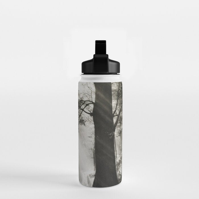 Pathway of light, sunlight and sunbeams in forest black and white photograph by J W Chapman Taylor Water Bottle Gallery Image 2