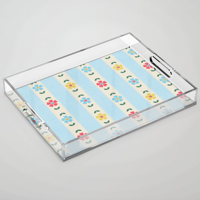Granny Style Vintage Florals And Light Blue Stripes Acrylic Tray Gallery Image 1