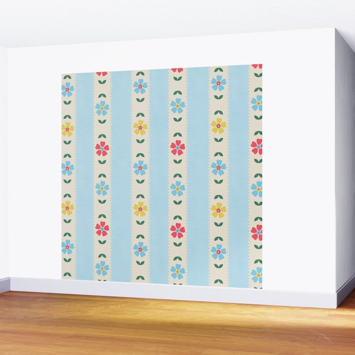 Granny Style Vintage Florals And Light Blue Stripes Wall Mural Gallery Image 2