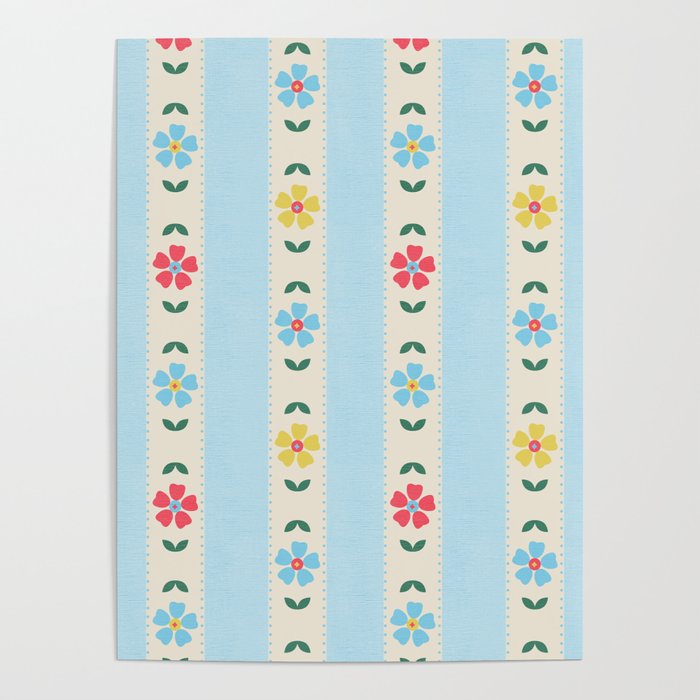 Granny Style Vintage Florals And Light Blue Stripes Poster Gallery Image 4