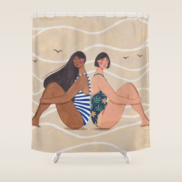 Women by the Sea Modern Beach Illustration Shower Curtain Gallery Image 1