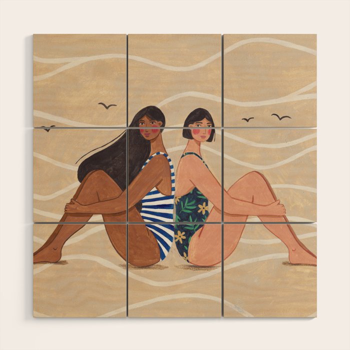 Women by the Sea Modern Beach Illustration Wood Wall Art Gallery Image 1