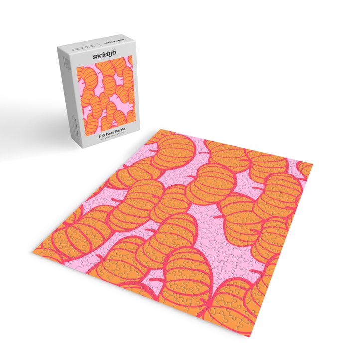 Retro Dopamine Pumpkin Fall Pattern - Orange on Pink Jigsaw Puzzle Gallery Image 2