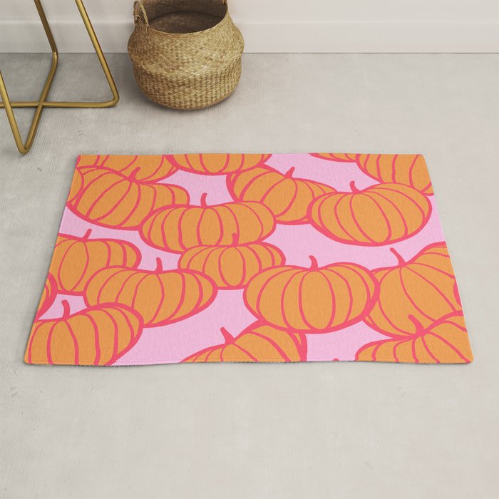 Retro Dopamine Pumpkin Fall Pattern - Orange on Pink Rug Gallery Image 1