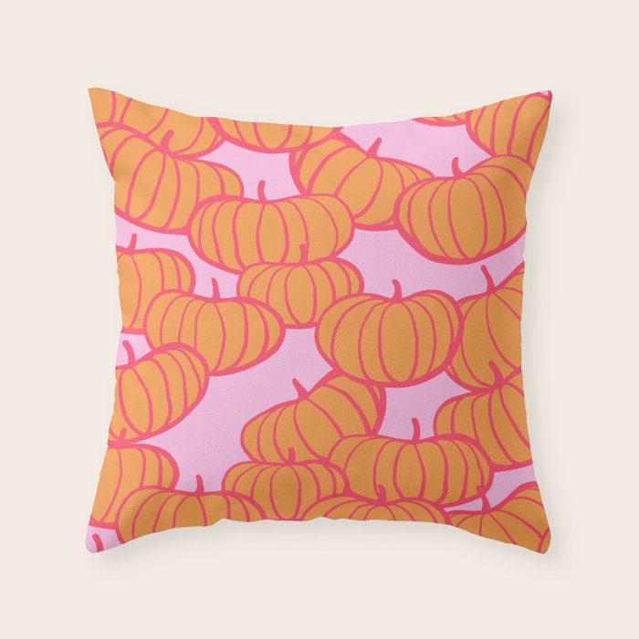 Retro Dopamine Pumpkin Fall Pattern - Orange on Pink Throw Pillow Gallery Image 1