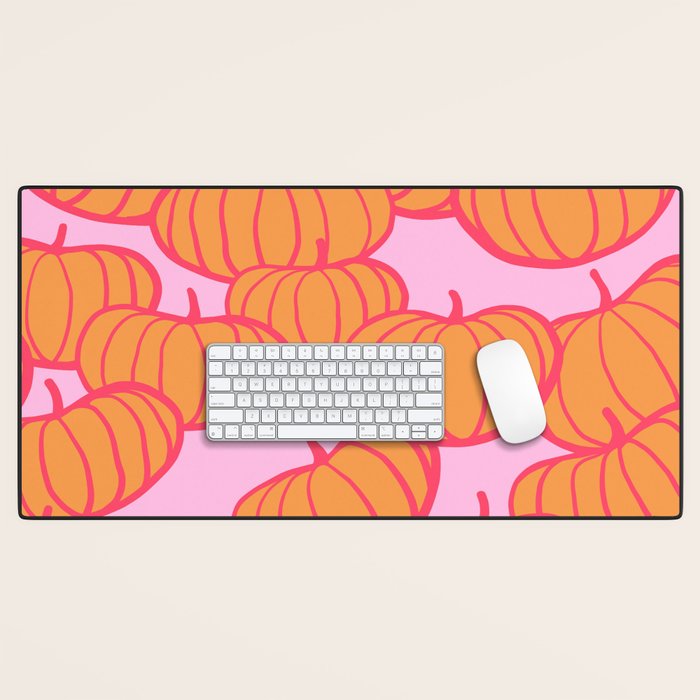 Retro Dopamine Pumpkin Fall Pattern - Orange on Pink Desk Mat Gallery Image 1