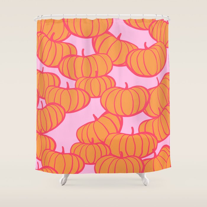 Retro Dopamine Pumpkin Fall Pattern - Orange on Pink Shower Curtain Gallery Image 1