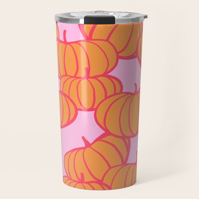 Retro Dopamine Pumpkin Fall Pattern - Orange on Pink Travel Mug Gallery Image 1