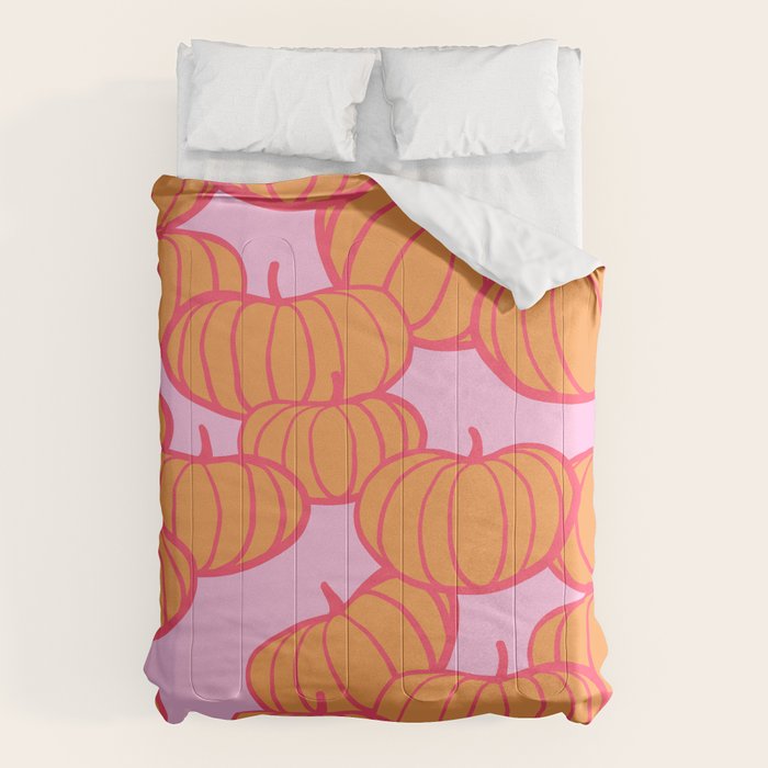 Retro Dopamine Pumpkin Fall Pattern - Orange on Pink Comforter Gallery Image 1