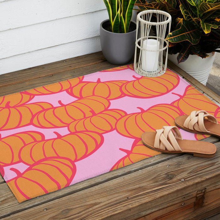 Retro Dopamine Pumpkin Fall Pattern - Orange on Pink Outdoor Rug Gallery Image 2