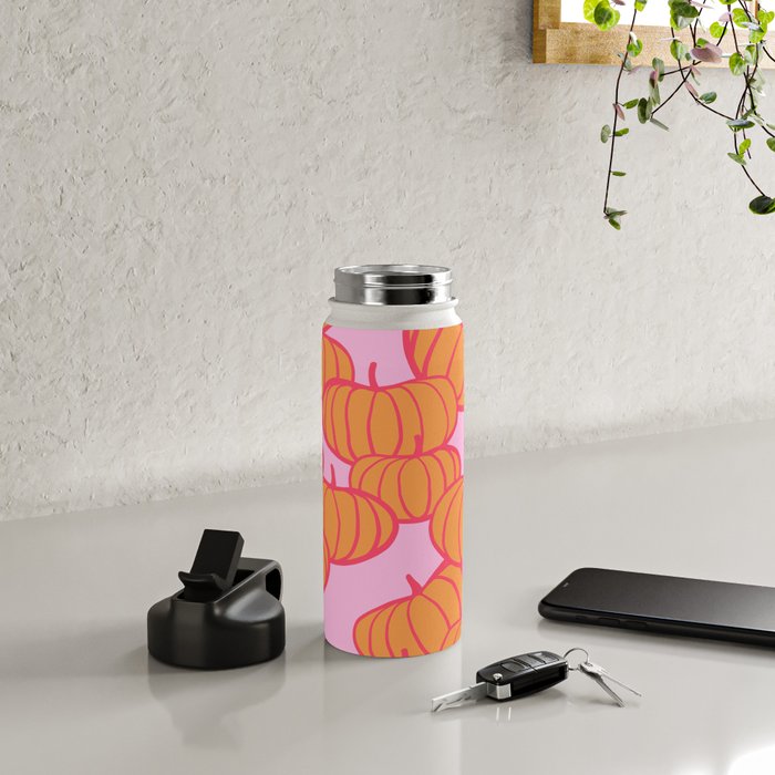 Retro Dopamine Pumpkin Fall Pattern - Orange on Pink Water Bottle Gallery Image 4