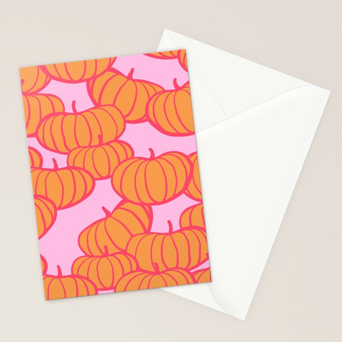 Retro Dopamine Pumpkin Fall Pattern - Orange on Pink Stationery Card Gallery Image 2