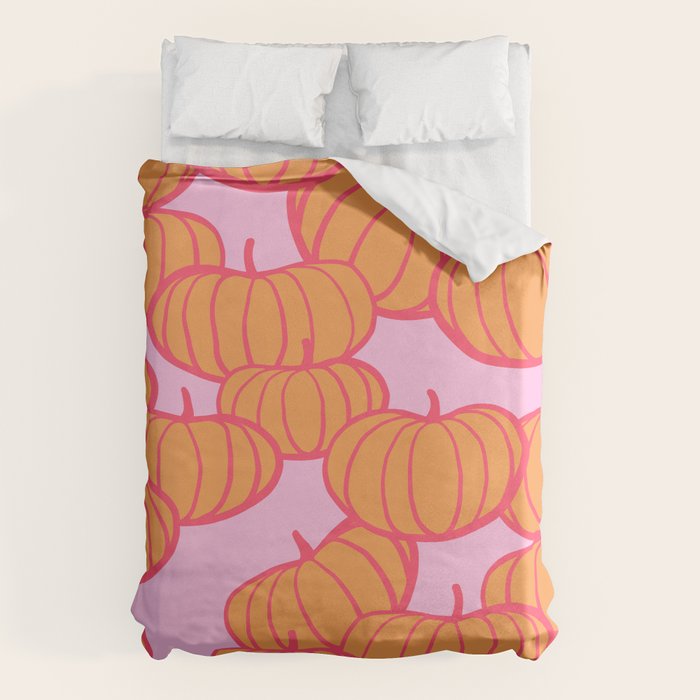 Retro Dopamine Pumpkin Fall Pattern - Orange on Pink Duvet Cover Gallery Image 1