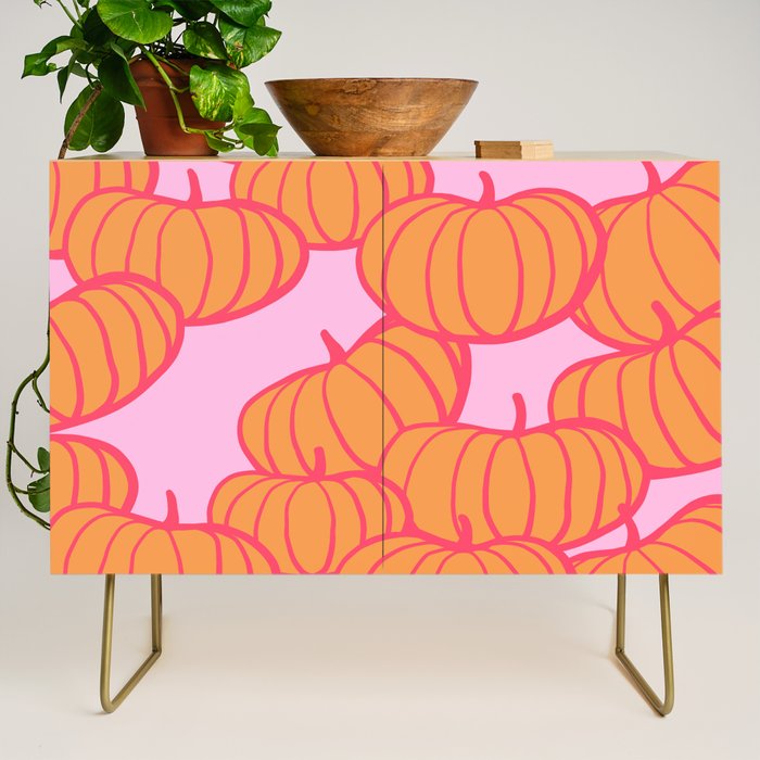Retro Dopamine Pumpkin Fall Pattern - Orange on Pink Credenza Gallery Image 1