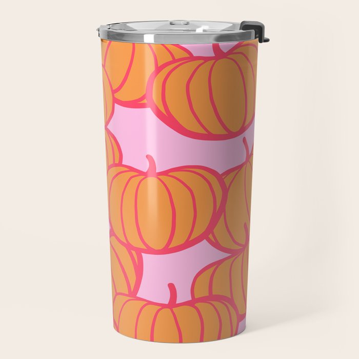 Retro Dopamine Pumpkin Fall Pattern - Orange on Pink Travel Mug Gallery Image 2