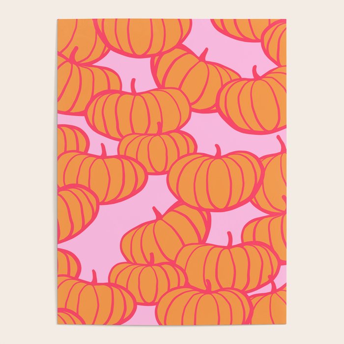 Retro Dopamine Pumpkin Fall Pattern - Orange on Pink Poster Gallery Image 4
