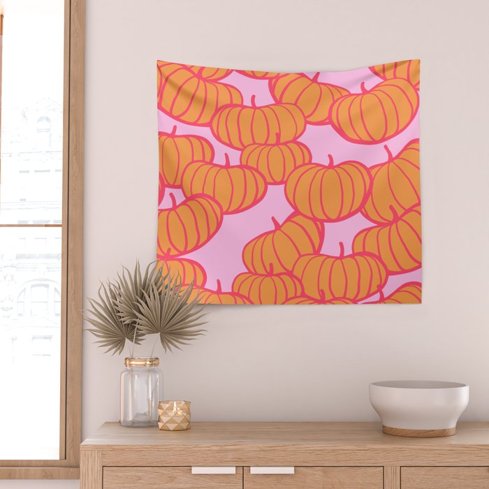 Retro Dopamine Pumpkin Fall Pattern - Orange on Pink Wall Tapestry Gallery Image 2