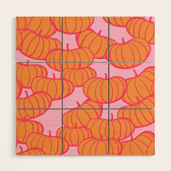 Retro Dopamine Pumpkin Fall Pattern - Orange on Pink Wood Wall Art Gallery Image 1