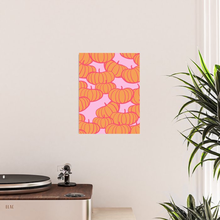 Retro Dopamine Pumpkin Fall Pattern - Orange on Pink Poster Gallery Image 2