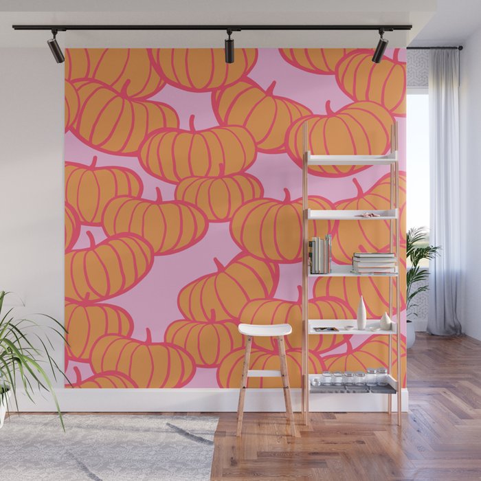 Retro Dopamine Pumpkin Fall Pattern - Orange on Pink Wall Mural Gallery Image 1