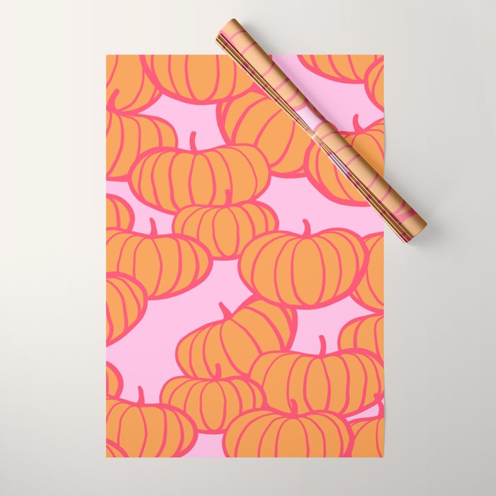 Retro Dopamine Pumpkin Fall Pattern - Orange on Pink Wrapping Paper Gallery Image 1