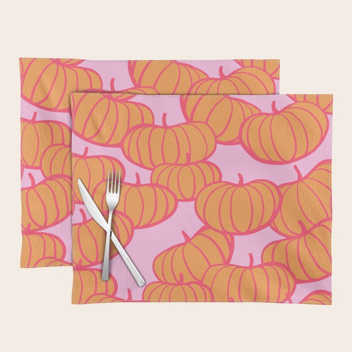 Retro Dopamine Pumpkin Fall Pattern - Orange on Pink Placemat Gallery Image 1